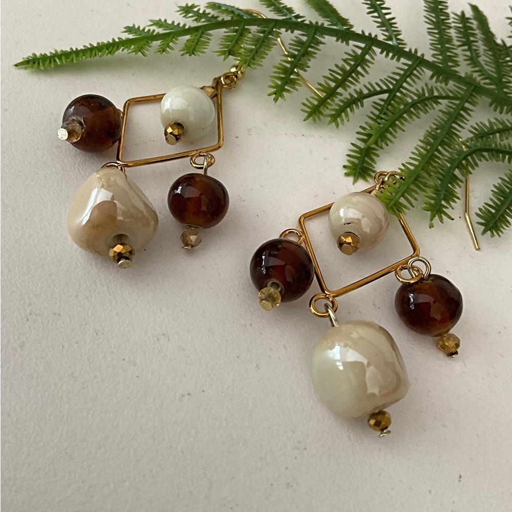 Boho Style Earrings, Autumn Colors Drop Dangle. Rhombus Shape Earrings